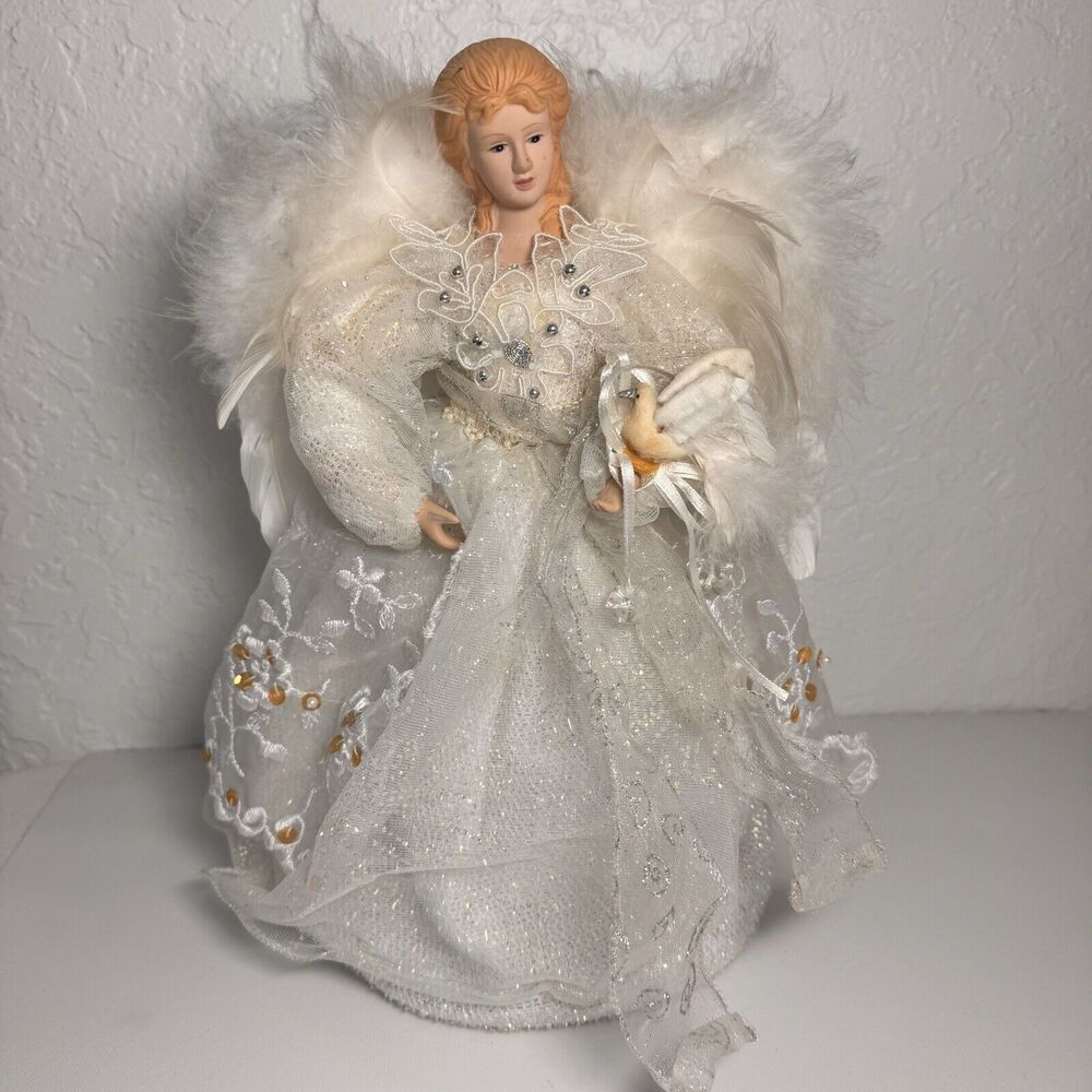 Angel Tree Topper Christmas White with‎ Beads Tulle Feathers 12 In